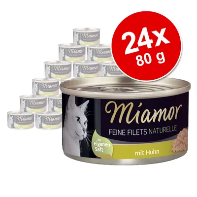 Miamor Feine Filets Naturelle mit Huhn, 24 x 80 g. Text på tyska: im eigenen Saft. Bild på flera konservburkar med kattmotiv.