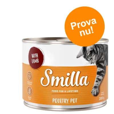 Smilla Poultry Pot kattmatburk 200 g, text: WITH LAMB, CONTAINS TAURINE, GRAIN-FREE, FOOD FOR A LIFETIME, Prova nu!, bild på katt. Orange och vit etikett.