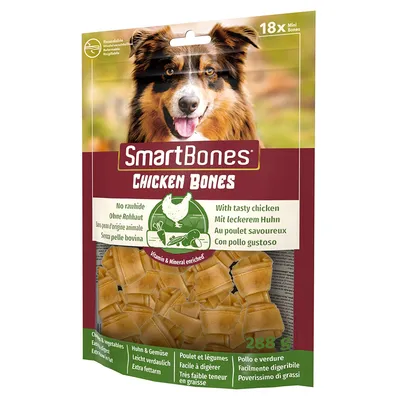 SmartBones Chicken Bones, 18 mini kosti, brez surove kože, s piščancem, obogatene z vitamini in minerali, lahko prebavljive, zelo nizka vsebnost maščob, 288g.