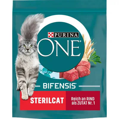 Purina ONE Bifensis Sterilcat, rich in beef as ingredient no. 1. Packaging with image of a grey cat, pieces of meat, grains and herbs.