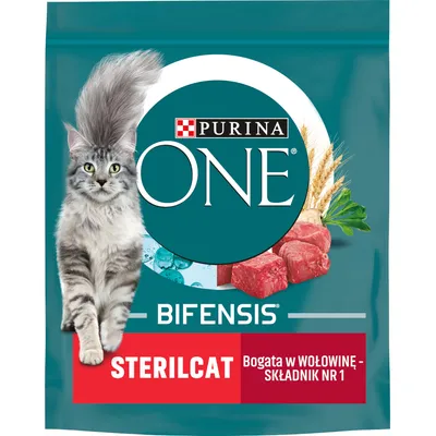 Purina ONE Bifensis Sterilcat, bogata w wołowinę – składnik nr 1. Opakowanie z wizerunkiem kota, kawałkami mięsa, zbożem i warzywami. Purina ONE Bifensis Sterilcat, bogata w wołowinę – składnik nr 1. Opakowanie z wizerunkiem kota, kawałkami mięsa, zbożem i warzywami.