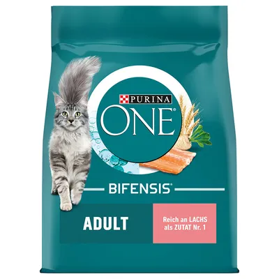 Purina ONE Bifensis Adult, lazacban gazdag, 1. számú összetevőként.