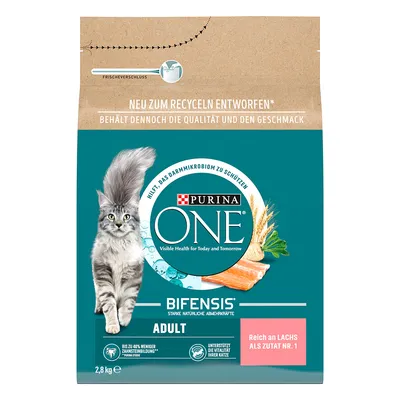 Purina ONE Adult krmivo pro kočky, Bifensis formule, s vysokým obsahem lososa jako hlavní složky, podporuje vitalitu a snižuje tvorbu zubního kamene, balení 2,8 kg s uzávěrem na čerstvost.