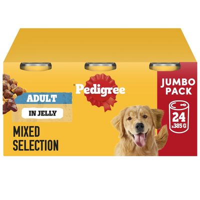 Pedigree Adult in Jelly Mixed Selection, jumbo pack with 24 cans of 385g each. Key features: mixed selection, adult, in jelly.