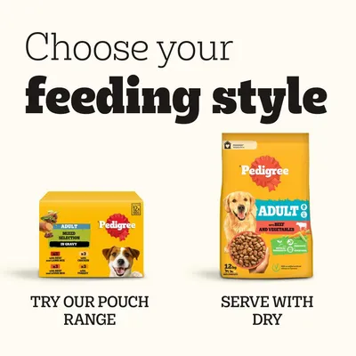 Choose your feeding style: try our pouch range or serve with dry. Image shows two Pedigree products, one box of pouches and one bag of dry food, for adult pets. Choose your feeding style: try our pouch range or serve with dry. Image shows two Pedigree products, one box of pouches and one bag of dry food, for adult pets.