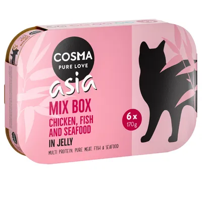 Mix box containing chicken, fish and seafood in jelly, 6 x 170g. Multi protein. Pure meat, fish and seafood.
