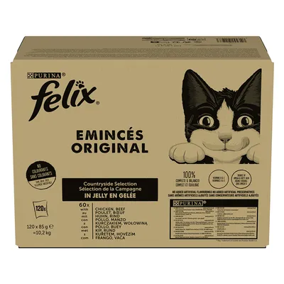 Boîte Purina Felix Émincés Original Sélection de la Campagne en gelée, 120 x 85 g. Sans colorants. 100 % complet et équilibré. Poulet, bœuf. Texte en anglais et autres langues visible.