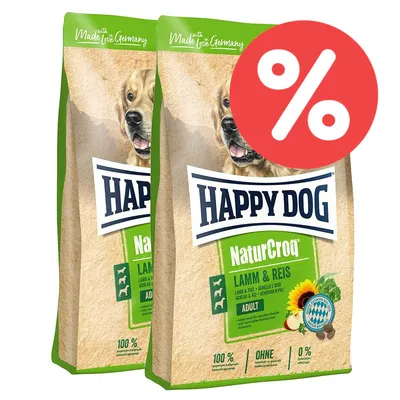 Happy Dog NaturCroq Lamm & Reis, Adult, Made in Germany, 100% natürliche Zutaten, ohne Zucker, ideal für sensible Hunde. Zwei Packungen mit Rabatt-Symbol.