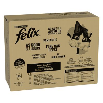 Megapack Felix "So gut wie es aussieht" Pouches 80 x 85 g Fleisch Mix 2 (Rind, Huhn, Thunfisch, Kabeljau)