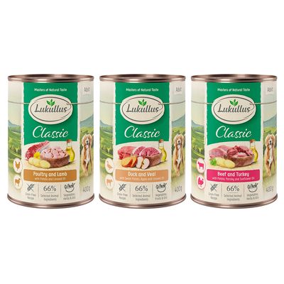 Drei Dosen Lukullus Classic Nassfutter für Hunde: Geflügel und Lamm, Ente und Kalb, Rind und Truthahn. 400g, getreidefreie Rezeptur, 66% ausgewählte tierische Zutaten, Gemüse, Kräuter und Öle.