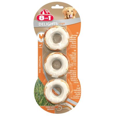 8in1 DELIGHTS rings – три дъвчащи ринга за кучета с пилешко месо, опаковка с надпис CHICKEN INSIDE и препоръка за кучета над 20 кг.