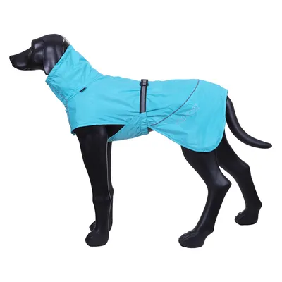 Türkisfarbener Hundemantel mit verstellbarem Gurt und reflektierenden Details, präsentiert auf einer schwarzen Hundemannequin.