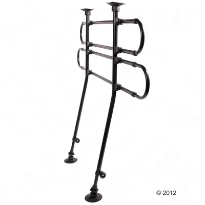 Barrière de sécurité en métal noir avec trois barres horizontales et deux pieds réglables, ventouses visibles aux extrémités pour fixation.
