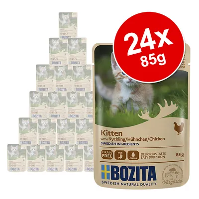Pack de 24 sobres de 85 g de comida para gatitos Bozita Kitten con pollo. Texto visible: 'Grain Free', 'FOS', 'Omega', 'Delicious taste easy digestion', 'Swedish ingredients'. Pack de 24 sobres de 85 g de comida para gatitos Bozita Kitten con pollo. Texto visible: 'Grain Free', 'FOS', 'Omega', 'Delicious taste easy digestion', 'Swedish ingredients'.