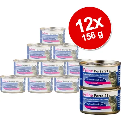 12 dåser Feline Porta 21 Ergänzungsfuttermittel für Katzen, Hühnerfleisch pur, natural, hver dåse 156 g. Synlig kattebillede på emballagen.