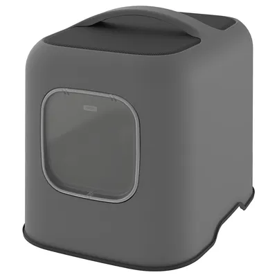 Grey cat litter box with transparent door and carrying handle, brand Rotho.
