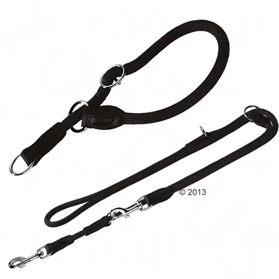 Sort justerbar hundesnor i nylon med metalringe og karabinhage.