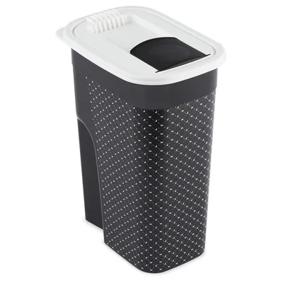 Plastic storage container with a patterned design and a white lid featuring a black flip-top opening for dispensing dry food or treats.