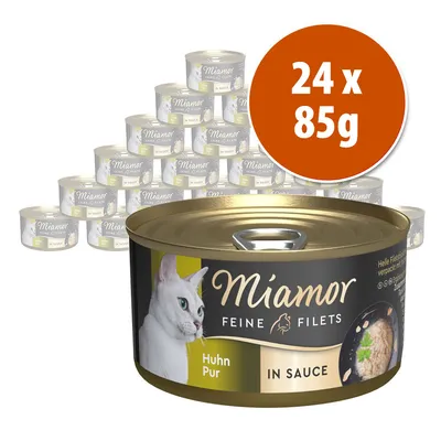 24 latas de 85 g de Miamor Feine Filets Huhn Pur in Sauce, embalagem com imagem de um gato branco e pedaços de carne em molho visíveis no rótulo.