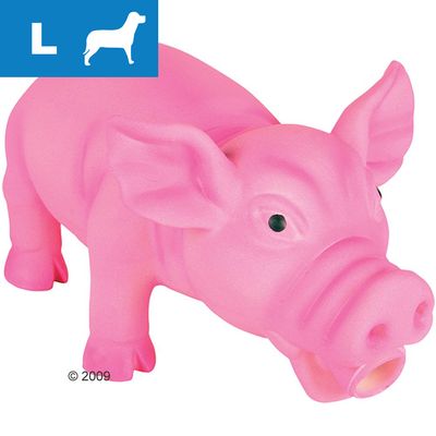 Jouet pour chien en forme de cochon rose, taille L indiquée par une icône bleue avec un chien et la lettre L en haut à gauche. Matière plastique visible.