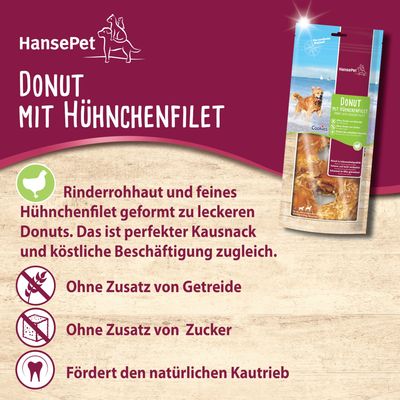 HansePet Donut mit Hühnchenfilet. Rinderrohhaut und feines Hühnchenfilet, ohne Zusatz von Getreide oder Zucker. Fördert den natürlichen Kautrieb. Perfekter Kausnack und köstliche Beschäftigung.