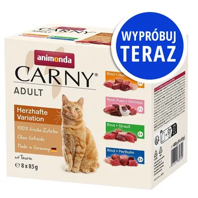 Animonda Carny Adult Herzhafte Variation, 8 x 85 g. Smaki: Rind + Huhn, Rind, Pute + Shrimps, Rind + Strauß, Rind + Perlhuhn. 100% świeże składniki, bez zbóż, z tauryną.