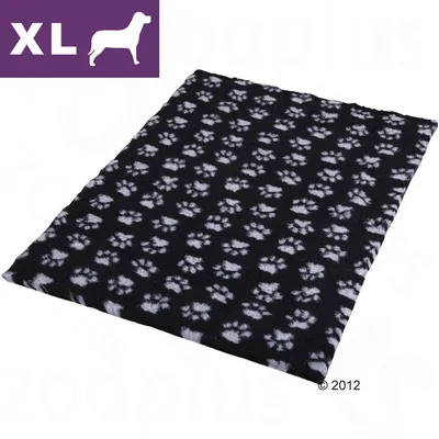 Czarna mata XL z białym wzorem łapek, materiał tekstylny. Widoczny symbol psa i oznaczenie rozmiaru XL w lewym górnym rogu. Czarna mata XL z białym wzorem łapek, materiał tekstylny. Widoczny symbol psa i oznaczenie rozmiaru XL w lewym górnym rogu.