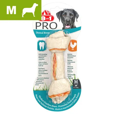 8in1 PRO Dental Bone, rozmiar M dla psów 10–25 kg, kość do żucia z piersią kurczaka, pomaga redukować płytkę nazębną i kamień, wspiera świeży oddech. Opakowanie z widocznym produktem. 8in1 PRO Dental Bone, rozmiar M dla psów 10–25 kg, kość do żucia z piersią kurczaka, pomaga redukować płytkę nazębną i kamień, wspiera świeży oddech. Opakowanie z widocznym produktem.