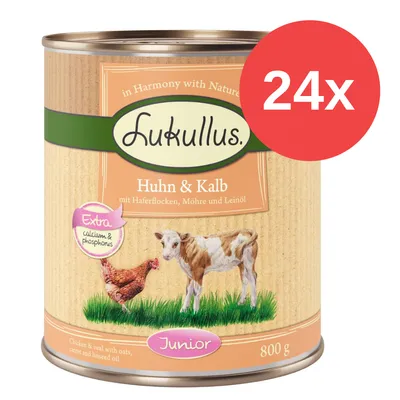 Lukullus Junior pollo y ternera con copos de avena, zanahoria y aceite de lino. Calcio y fósforo extra. Pack de 24x 800g.