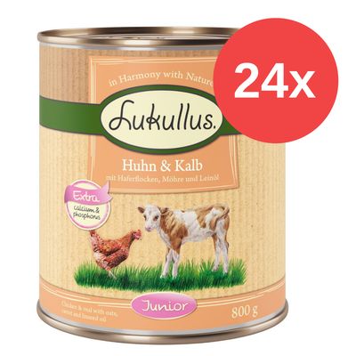 Sparpaket Lukullus Naturkost Junior 24 x 800 g Mix (Huhn & Kalb, Putenherzen & Lamm)