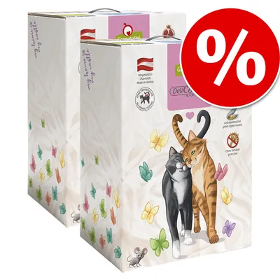GranataPet DeliCatessen kattenvoer voordeelverpakking, afbeelding van twee katten, vlinders, muisje, label 'Hergestellt in Österreich', 'Ohne Tierversuche', groot rood procentteken.