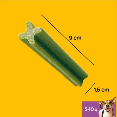 Grøn tyggegodbid med krydsform, længde 9 cm, bredde 1,5 cm. Velegnet til hunde med en vægt på 5-10 kg.
