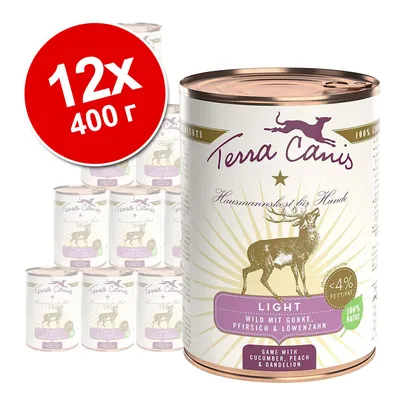 12 консерви Terra Canis Light, 400 г. Видимо: етикет с елен, надписи LIGHT, <4% Fett, Wild mit Gurke, Pfirsich & Löwenzahn, 100% Natur.