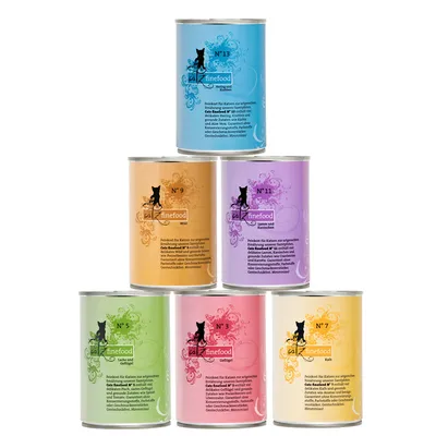 catz finefood kissanruokapurkit, näkyvissä 6 eriväristä purkkia: N°13, N°9, N°11, N°5, N°3 ja N°7. Tuotenimet ja numerot selvästi esillä etiketeissä.