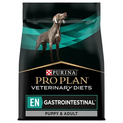Sac Purina Pro Plan Veterinary Diets EN Gastrointestinal Puppy & Adult, texte visible sur l’emballage avec image d’un chien.