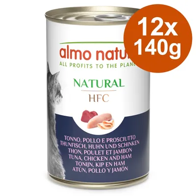 Almo Nature Natural HFC comida para gatos, atún, pollo y jamón, 12x140g. La imagen muestra una lata con detalles del producto.