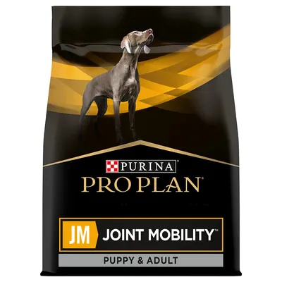 Purina Pro Plan JM Joint Mobility Puppy & Adult. Verpackung mit Bild eines Hundes und gelbem Design.