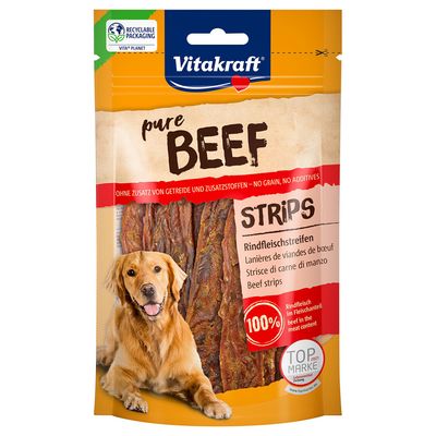 Vitakraft pure Beef Strips, strisce di manzo, senza cereali, senza additivi, 100% manzo nella parte carne, meno plastica stesso contenuto, Top Marca 2021.