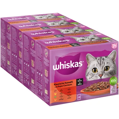 Whiskas Klassisk urval i sås, 12 portionspåsar för katter från 7 år. Smaker: nötkött, kyckling, lamm, fjäderfä. 100 % balanserad kost.