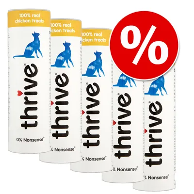 Thrive 100% äkta kycklingsnacks, 0% nonsens. Erbjudande med röd procent-symbol. Thrive 100% äkta kycklingsnacks, 0% nonsens. Erbjudande med röd procent-symbol.