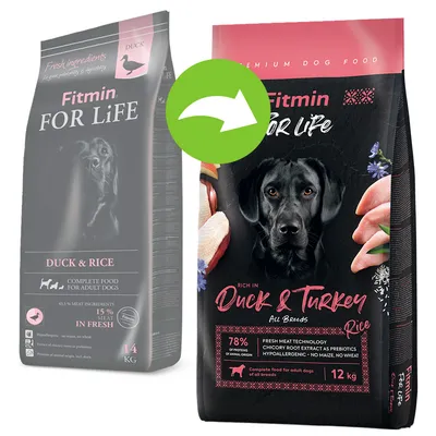 Сравнение старой и новой упаковки корма для собак Fitmin FOR LiFE: слева Duck & Rice 14 кг, справа Duck & Turkey Rice 12 кг, указано 78 % белка животного происхождения.