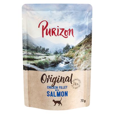 Purizon Original Chicken Fillet met Salmon, 14% kipfilet, 70g zak met een katten-silhouet afgebeeld.