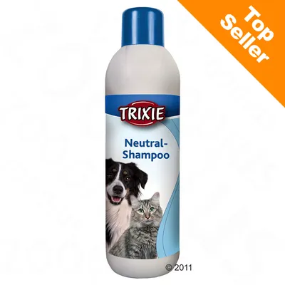 Bouteille de shampooing Trixie Neutral-Shampoo avec photo d’un chien et d’un chat sur l’étiquette, mention Top Seller en haut à droite.