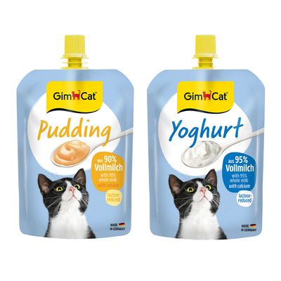 GimCat Yoghurt och Pudding, laktosreducerad, med kalcium från riktig helmjölk. Procenttecken för rabatt synligt.