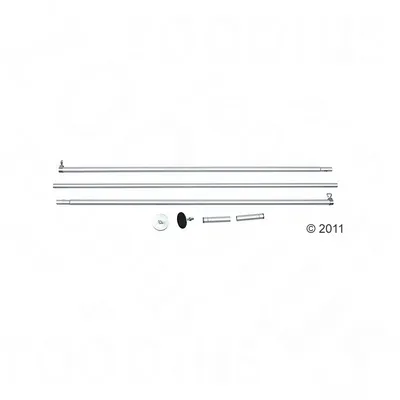 Set of three silver metal rods with connectors and fastening elements, suitable for mounting purposes.