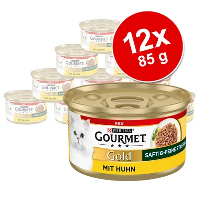 Purina Gourmet Gold mit Huhn, saftig-feine Streifen. Packung mit 12 Dosen à 85 g. Neu gekennzeichnet.