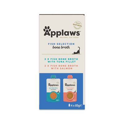 Applaws Natural Cat Food Fish Selection bone broth: 2x Fish Bone Broth med tunfilet, 2x Fish Bone Broth med laks, 4x85 g, 100% naturlig