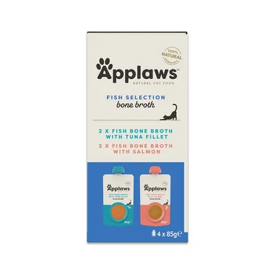 Applaws Natural Cat Food Fish Selection bone broth: 2x Fish Bone Broth med tunfilet, 2x Fish Bone Broth med laks, 4x85 g, 100% naturlig Applaws Natural Cat Food Fish Selection bone broth: 2x Fish Bone Broth med tunfilet, 2x Fish Bone Broth med laks, 4x85 g, 100% naturlig