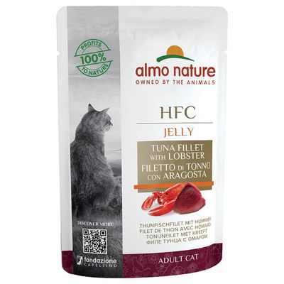 almo nature HFC Jelly Adult Cat, tonijnfilet met kreeft. 100% Profits to Nature. Afbeelding van kat, stuk tonijn en kreeft op de verpakking. QR-code zichtbaar.