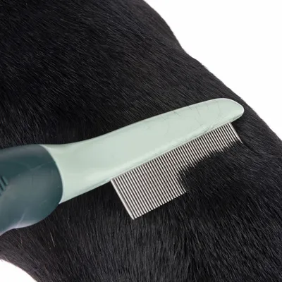 Fijngetande kam met groene handgreep die door zwart haar glijdt en losse haren verwijdert.